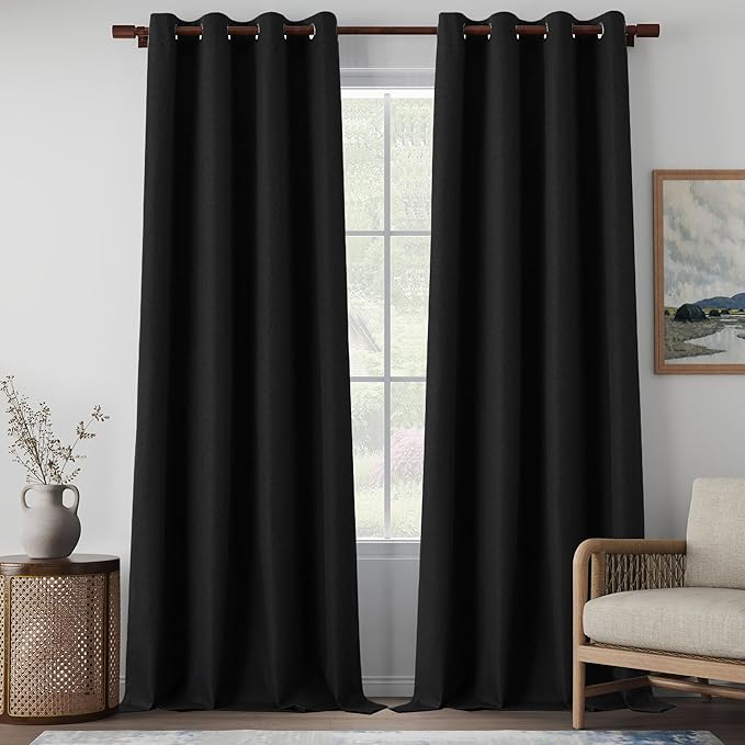 132 Inch Curtains 100% Blackout Extra Long Linen Look 11ft Length Drapes, Thermal Insulated Living Room High Ceiling Tall Cutains 2 Story Grommet Window Curtains, Black, W52 x L132, 2 Panels