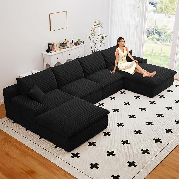 136" Cloud Couch Modular Sectional Sofa for Living Room, U-Shape Boneless Couch with Deep Seat, Modern Corduroy 4-Seater with Ottoman, No Assembly Required (Black,Right-Facing Chaise)