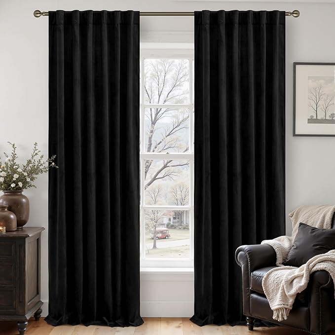 LAMIT Halloween Black Velvet Curtains for Bedroom 84 Inch, Luxury Thermal Room Darkening Drapes Back Tab and Rod Pocket Privacy Blackout Panels for Movie Theater, 2 Panels, 52 x 84 Inch