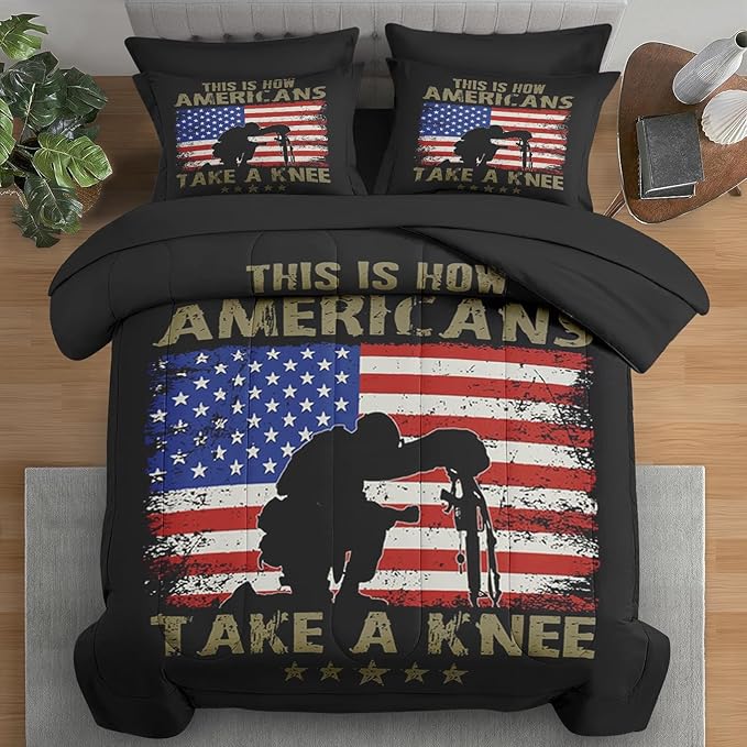Comforter Set Twin Size, American Flag Military Gun 5 Pcs Bedding for Kids and Adults, Memorial America Army Bed Sheet Sets with Fitted Sheet Pillowcase & Sham