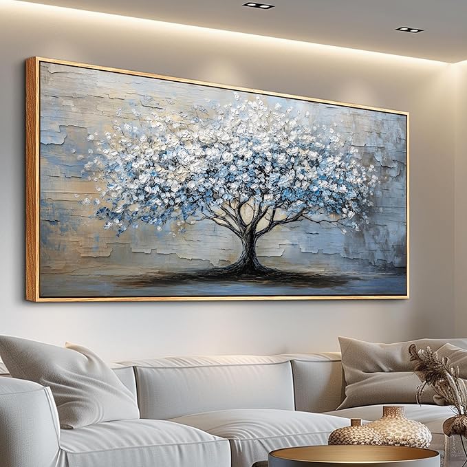 ERQINHUA Abstract Wall Art Living Room Large Wall Decor Wood Framed Art For Office Wall Pictures Blue Grey Tree Painting Canvas Printing Artwork Bedroom Restaurant Home Decoration Aesthetic 30"X60"