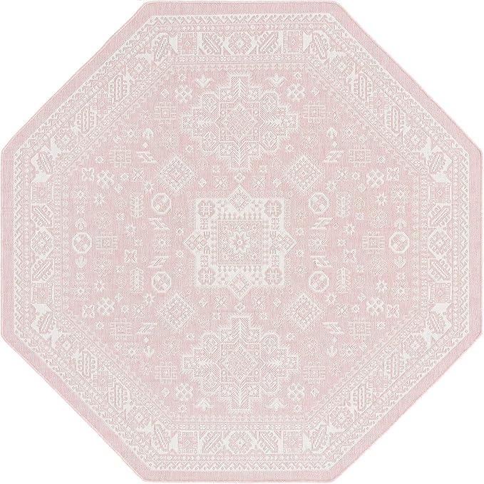 Rugs.com Outdoor Aztec Collection Rug – 8 Ft Octagon Pink Flatweave Rug Perfect for Living Rooms, Kitchens, Entryways