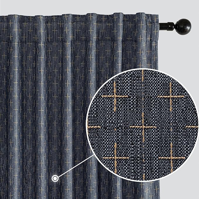 MIULEE Decorative Back Tab Linen Curtains with Geometric Pattern for Living Room Bedroom Farmhouse Rustic Thick Woven Textured Patterned Mudcloth Drapes 72 Inches Long 2 Panels Set, Blue