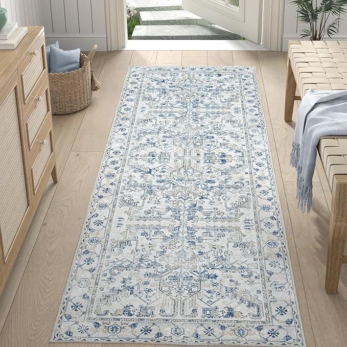 jinchan Lima Runner Rug 2x5 - Vintage Hallway Machine Washable Rug Floral Non Slip with Rubber Backing Ultra-Thin Carpet Runner for Kitchen Bedroom Laundry Room Farmhouse Entryway (2x5ft, Blue)
