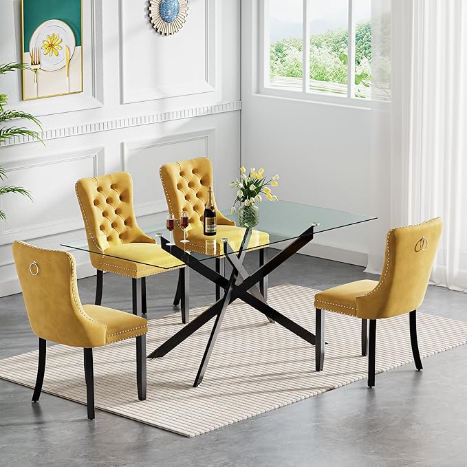 Modern 5-Piece Glass Dining Table Set for 4, Modern 60" Rectangle Black Glass Dining Room Table Set with Yellow Velvet Tufted Chairs Wood Legs for Kitchen Dining Room