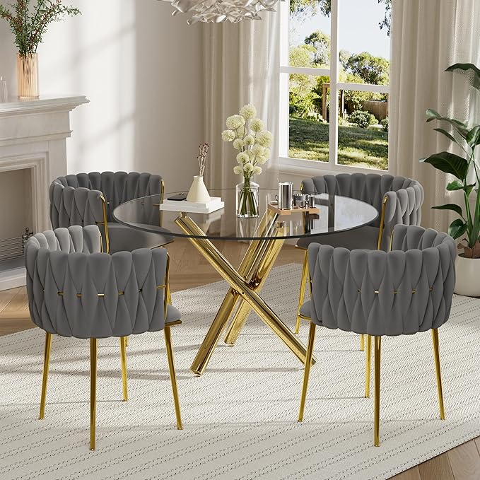 Modern Clear Round Glass Top Dining Table Set, 5 Pieces Mid Century Circle Dining Room Set for 4, 39'' Small Circular Kitchen Table and Chairs Set of 4, Grey Woven Chair, for Home (Golden)