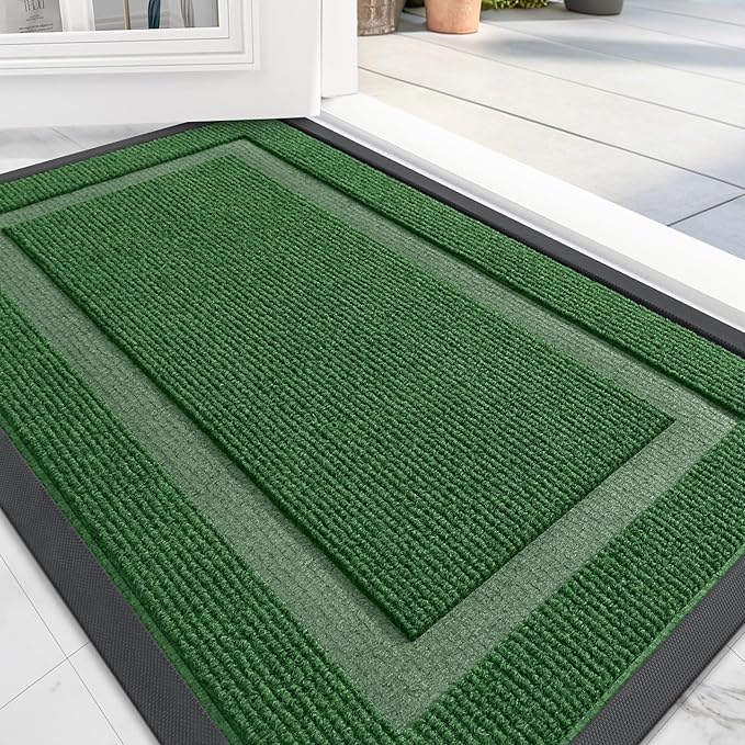 OLANLY Front Door Mat Indoor Outdoor Entrance, Waterproof All-Season, All-Weather Doormat, Sturdy Natural Rubber, Fade Resistant, Low Profile, Easy Clean Patio Porch Entryway Mat, 47x30, Green