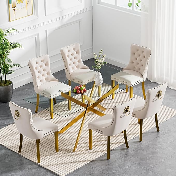 HomVent 7 Piece Rectangular Glass Dining Table Set, Tempered Glass Dinner Table Set for 6 Kitchen Table Set with 6 Velvet Upholstered Chairs for Kitchen Dining Room