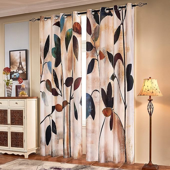 SUBRTEX Light Flitering Curtains 52Wx108L, Room Darkening Vibrant Floral Drapes, 50% Blackout, Semi Sheer Boho Farmhouse Curtains for Living Room, Brown