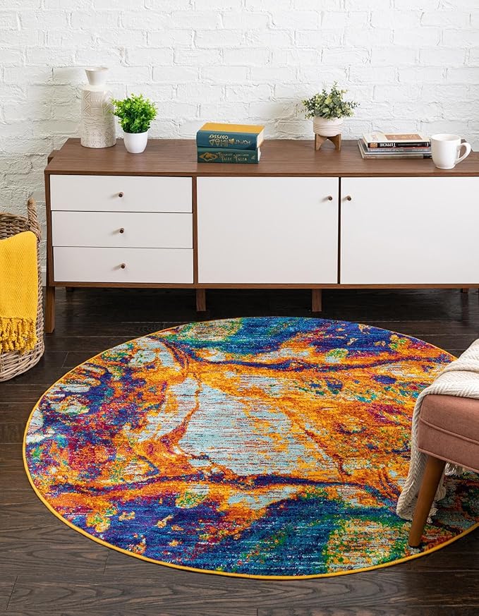 Rugs.com Calypso Collection Rug – 10 Ft Round Multi Medium-Pile Rug Perfect for Kitchens, Dining Rooms