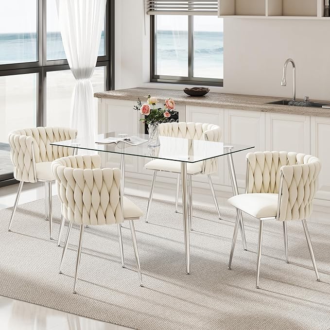 Silver Glass Dining Room Table Set for 4, 51'' Modern Luxury Rectangular Dinner Table Set, 5 PCS Clear Glass Top Minimalist Kitchen Table Set, Ivory Woven Dining Chair for Small Apartment