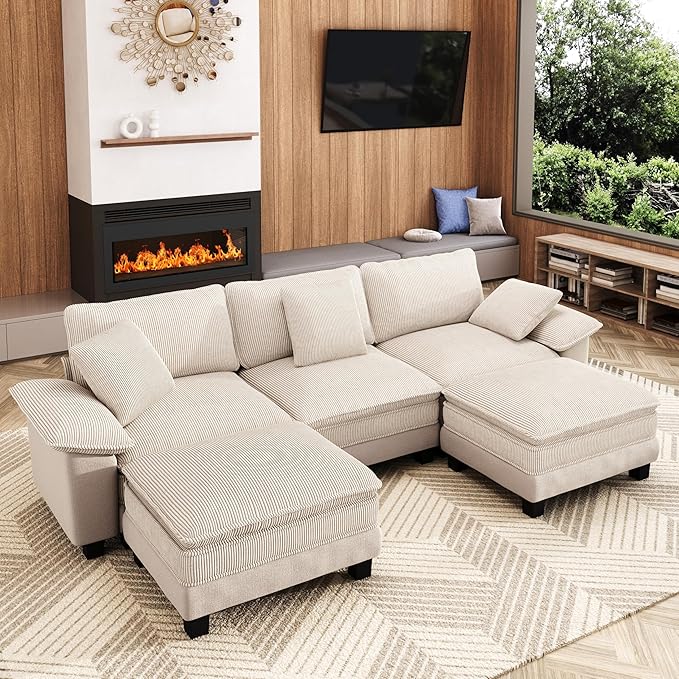 123-Inch U Shaped Sectional Sofa with Cloud Cushions, Deep Seat Modular Couch Set w/ 5 Seats & 2 Ottomans, Plush Chenille & Corduroy Upholstery for Living Room, Apartment - Beige
