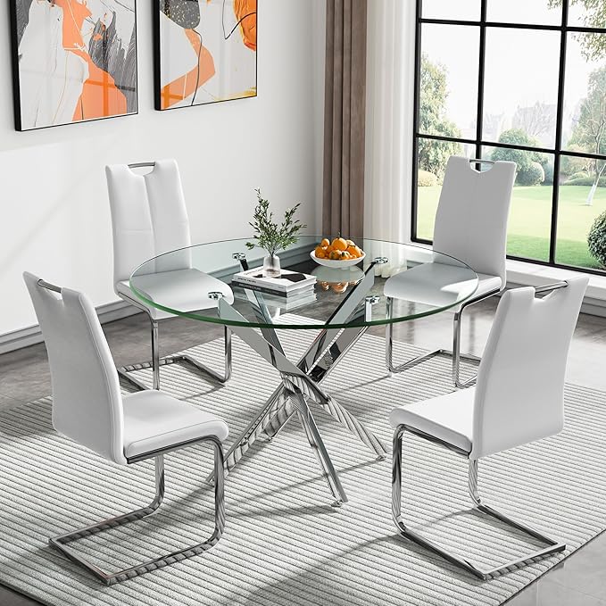 HomVent Round Glass Dining Table Set for 4, 5-Piece Modern Kitchen Table Set with 4 PU Upholstered Chair for Kitchen Dining Room, Glass Dining Room Table Set
