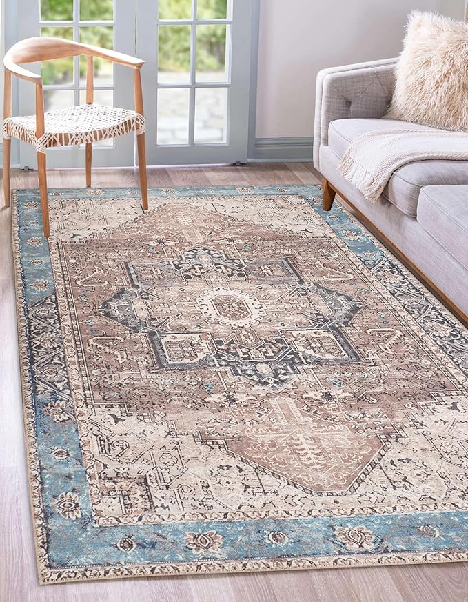 GLN Rugs Traditional Collection - Machine Washable Area Rug, Traditional Washable, Non Slip, Low Pile Chenille Rug, Living Room, Bedroom, Kitchen Rug (3'x5' Brown/Blue)