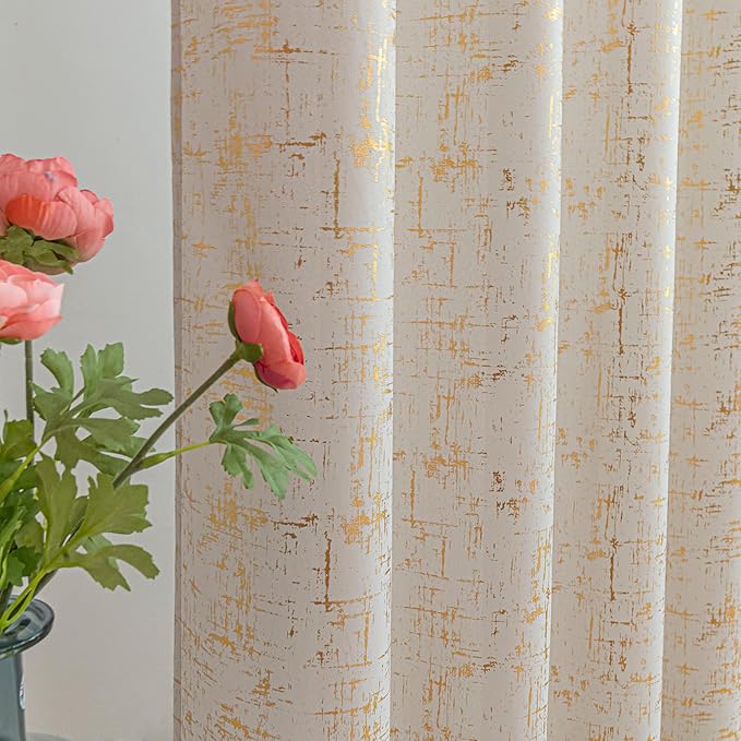 Taisier Home Gold Foil Print Linen Textured Curtains - Geometric Dots Pattern Design for Bedroom & Living Room - Thermal Insulated Window Treatment, 2 Panels, 84" L, Beige & Gold