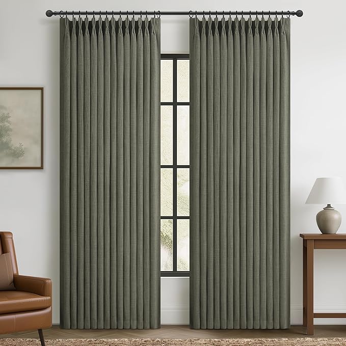 Blackout Linen Blend Double Layer Classroom Curtains 86 Inches Long 2 Panels Set, Memory Trained Pinch Pleated Greenish Grey Insulated Soundproof Elegant Office Window Drapes with Back Tab 40W x 86L
