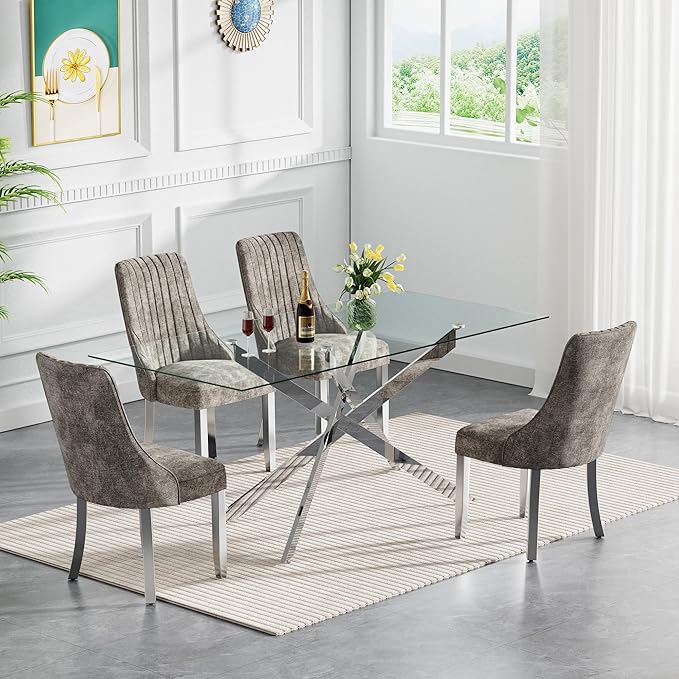 Rectangle Glass Dining Table Set for 4, 60'' Kitchen Table and Chairs Set, 5PCS Modern Dining Room Table Set with 4 Dining Chair for Home