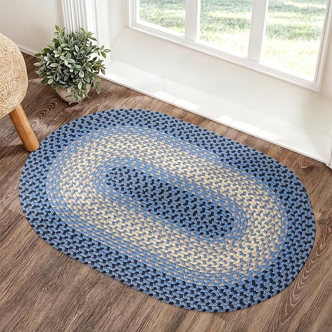 Tranquility TQ12 Blue 2' x 3' Oval - Braided Area Rug, Home Decor, Floor Mat or Bedroom Rug - Easy Care, Ideal for High Traffic Areas in Hallway and Living Room - Made in USA