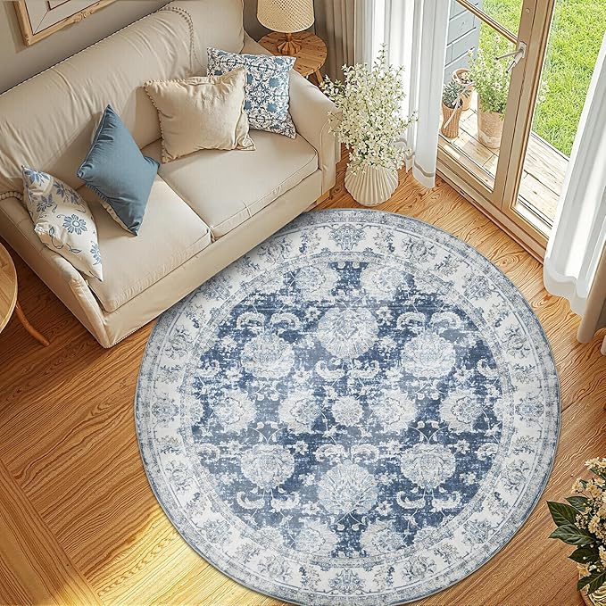 jinchan Fiora Round Rug 6ft Area Rug - Dark Blue Vintage Floor Mat Indoor Ultra-Thin Soft Floral Print - Washable Circle 6' Retro Accent for Farmhouse Non Slip Dining Room Living Room Bedroom Office