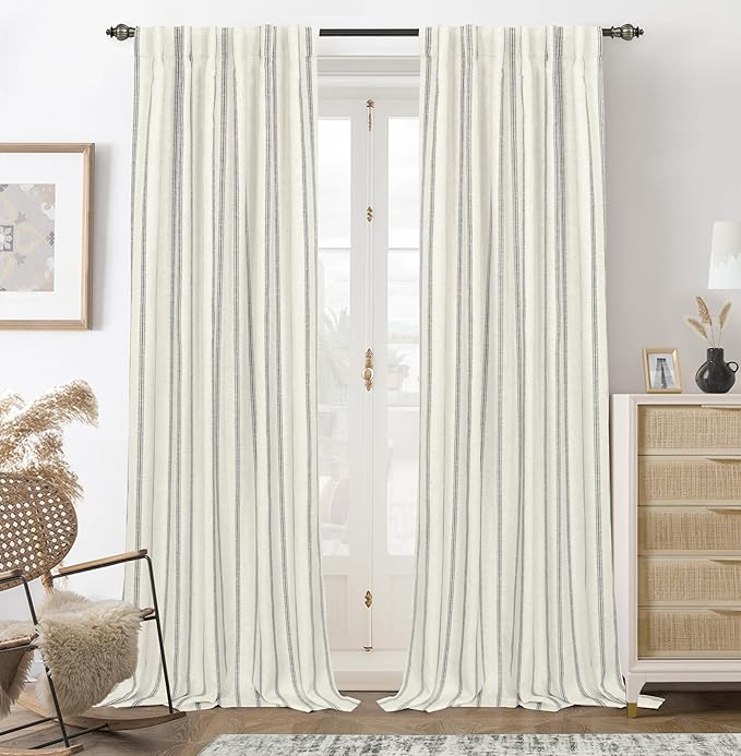 DriftAway Farmhouse Linen Blend Blackout Curtains 96 Inches Long for Bedroom Vertical Striped Printed Linen Curtains Thermal Insulated Lined Treatments for Living Room 2 Panels W52 x L96 Linen Grey