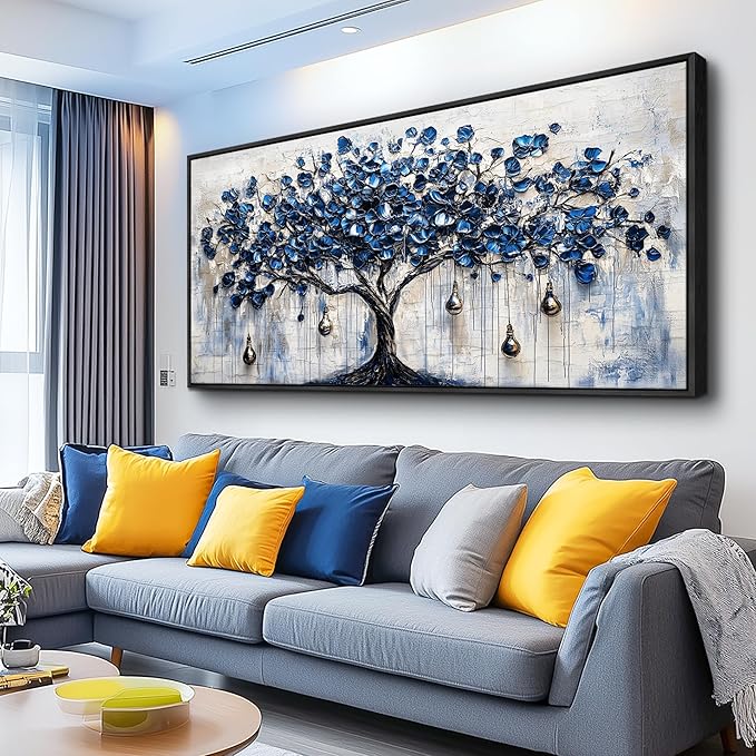 XIGUANGART Tree of Life Large Wall Art Watercolor Blue Farmhouse Framed Artwork Tree & bell Canvas Prints Pictures Modern Abstract Paintings Wall Decor for Living Room Bedroom Home Office Decoration