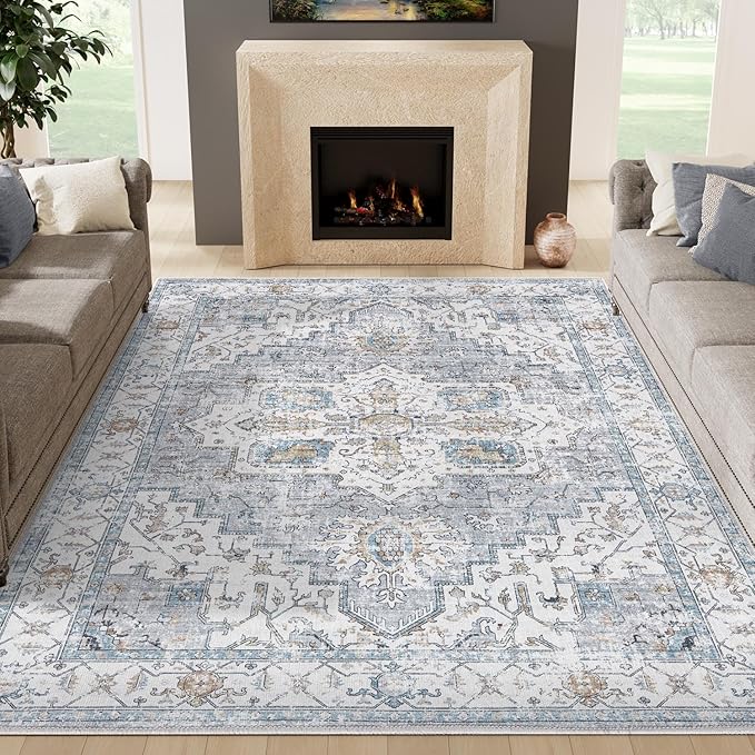 jinchan 6x9 Area Rugs for Living Room - Machine Washable Tribal Vintage Floral Stain Resistant Ultra-Thin Low-Pile Non-Slip Distressed Carpet for Bedroom Dining Room Kitchen (6x9ft, Grey/Blue)