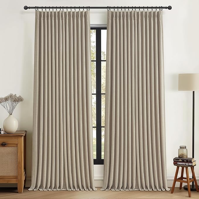 Blackout 70 Inch Extra Wide Linen Two Layer Living Room Curtains 102 Inches Long 2 Panels Set, Memory Trained Pinch Pleated Insulated Soundproof Custom Fall Drapes with Back Tab 70" W x 108" L Taupe
