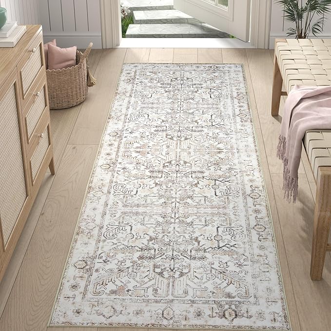 jinchan Lima Runner Rug 2x5 Washable Hallway Runner - Vintage Floral Non Slip Low-Pile Soft Ultra-Thin Kitchen Rug Distressed Carpet for Farmhouse Bedroom Entryway Laundry Room (2x5ft, Taupe)