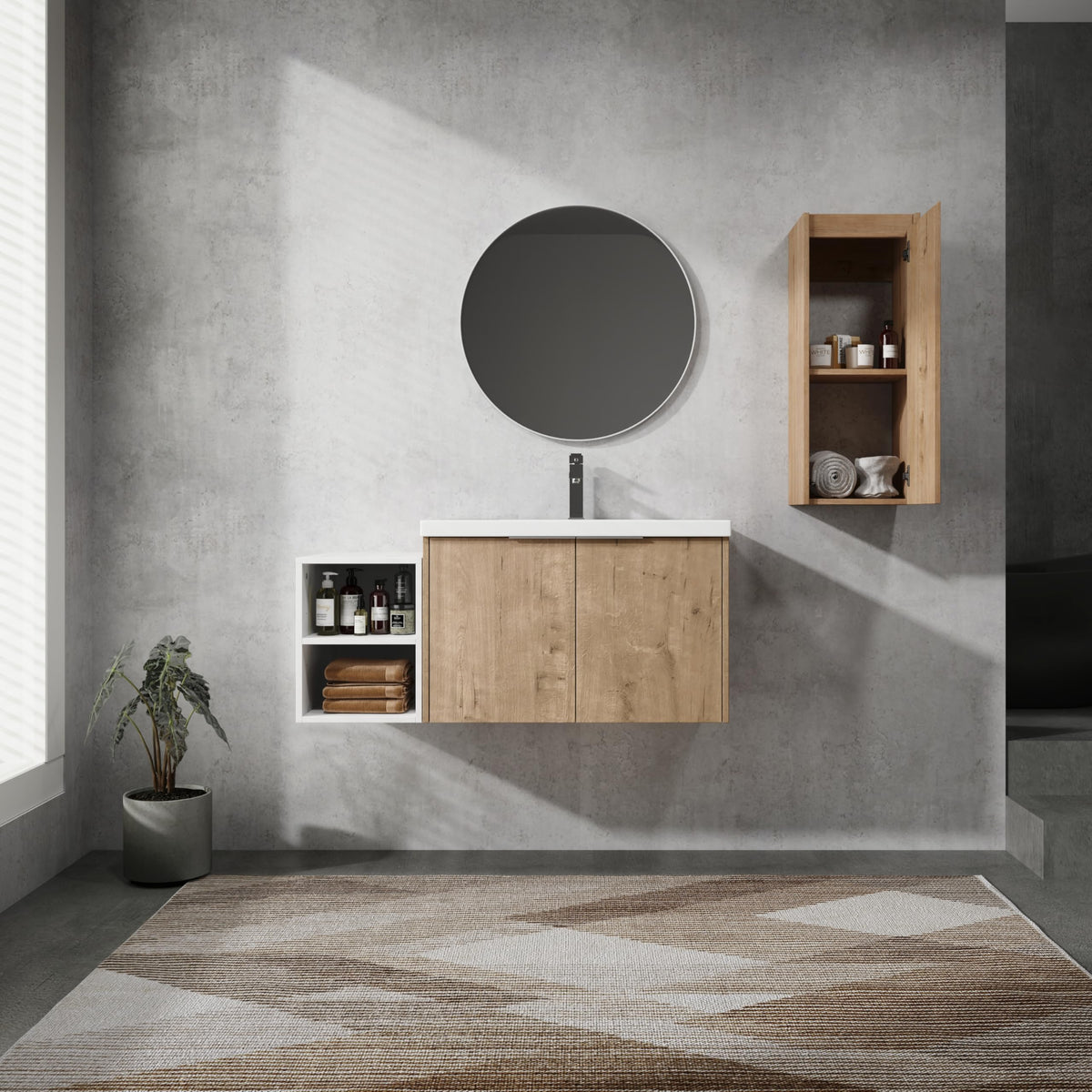 Henf 42" Floating Bathroom Vanity with Sink & 1 Side Cabinet & White Open Storage Shelf, Modern Solid Wood Wall Mounted Bathroom Vanities Cabinet with White Sink,Soft-Close Doors for Small Space,Oak