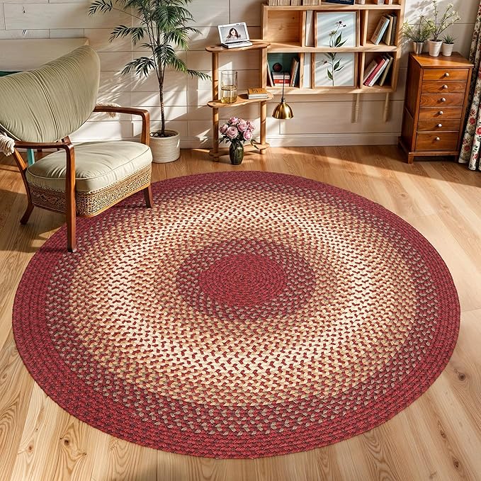 Tranquility TQ42 Red 6' x 6' Round - Braided Area Rug, Home Decor, Floor Mat or Bedroom Rug - Easy Care, Ideal for High Traffic Areas in Hallway and Living Room - Made in USA