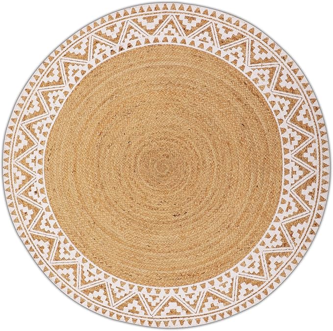 voyzz home Premium Natural Jute Braided Area Rug, 4-feet Round, White Printed Border, Stain Resistance, Natural Handmade Rug for Entryways, Living Room, Dining Room, Bedroom, Farmhouse, Kitchen