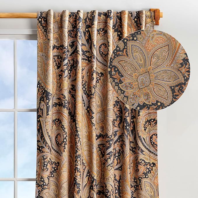 Maison d' Hermine Curtains for living room 100% Cotton 108 inch length One Panel Light Filtering Curtains for Bedroom Windows with rod and loop Pockets Drapes (Kashmir Paisley Graphite, 50"W x 108"L)