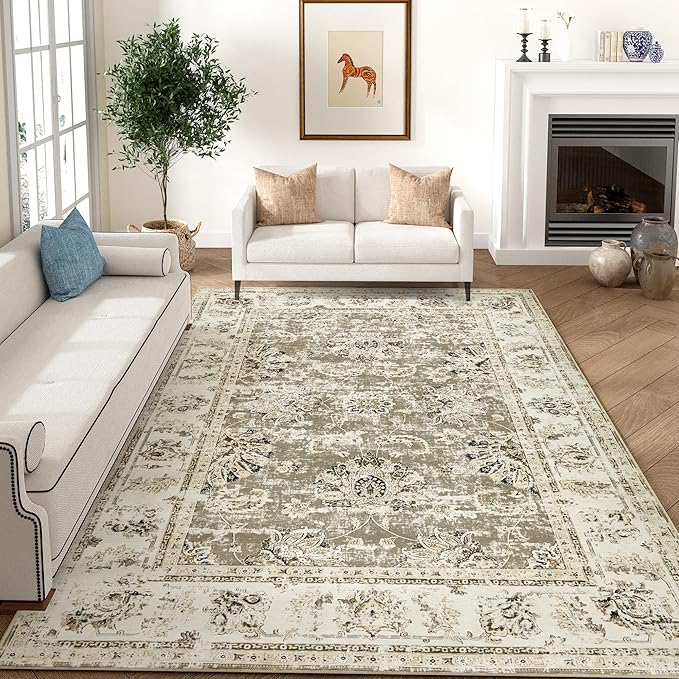 jinchan Fiora 6x9 Area Rug for Living Room Washable Soft Throw Rug Ultra-Thin Stain Resistant Non-Slip Distressed Vintage Floral Large Carpet for Bedroom Dining Room Home Office Nursery(6x9ft, Taupe)