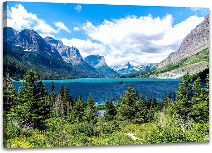 SKASNFAI Glacier National Park Wall Art Lake Mountains Pictures Framed Canvas Prints Artwork for Living room Bedroom Office Ready to Hang (24x36 inch)