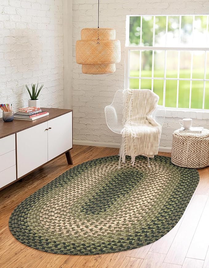 Tranquility TQ22 Green 5' x 8' Oval - Braided Area Rug, Home Decor, Floor Mat or Bedroom Rug - Easy Care, Ideal for High Traffic Areas in Hallway and Living Room - Made in USA