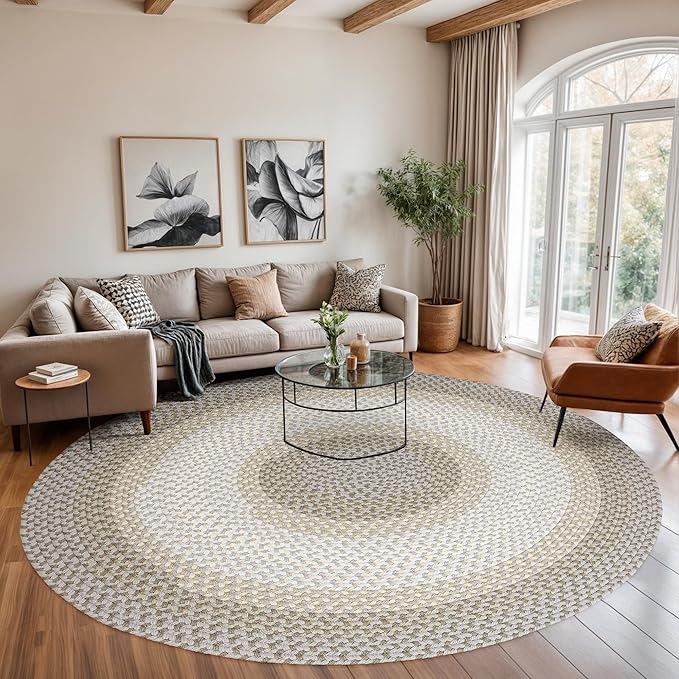 Tranquility TQ62 Frost 8' x 8' Round - Braided Area Rug, Home Decor, Floor Mat or Bedroom Rug - Easy Care, Ideal for High Traffic Areas in Hallway and Living Room - Made in USA