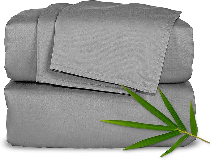 Pure Bamboo Queen Sheets, Genuine 100% Organic Viscose Derived from Bamboo Bed Sheet Set, Luxuriously Soft & Cooling, Double Stitching, 2 Year Quality Promise (Queen, Stone Grey)