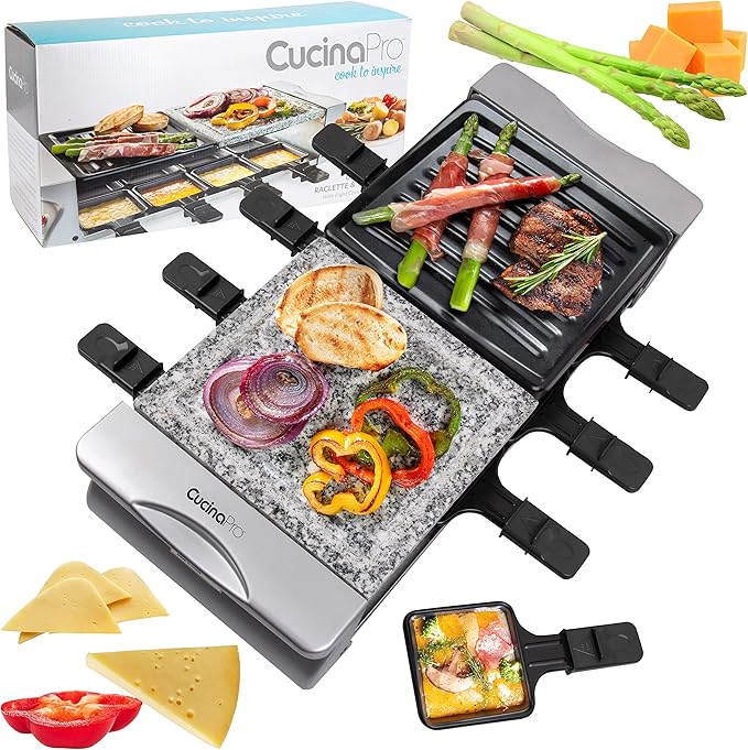 Electric Cheese Raclette Table Grill w Nonstick Grilling Plate & Cooking Stone- Indoor Smokeless Korean BBQ 8 Person Tabletop Cooker Hotplate- Melt, Grill Meat Veggies for Home Dinner Party, Xmas Gift