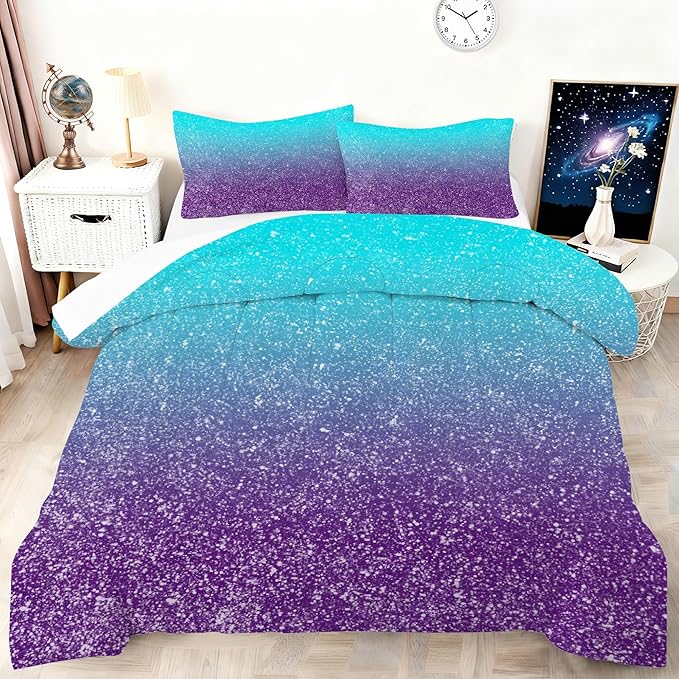Girls Gradient Glitter Comforter Set Twin Size 3D Bedding Set for Boys Kids Adults, Colorful Quilt Set Gradient Glitter Themed Bedding Blue Purple 3D Sparkly Galaxy Bedroom Decor Bedding Set