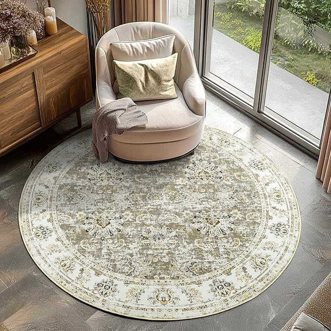 jinchan Round Rug 5ft Area Rugs Vintage Floral Distressed Design - Machine Washable Non-Slip Low-Pile Ultra-Thin Circle Rug for Entryway Bedside Living Room Dining Room Bedroom (5' Round,Taupe)
