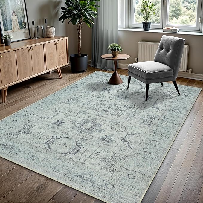 GLN Rugs Bohemian Collection - Machine Washable Area Rug, Bohemian Vintage, Non Slip, Low Pile Chenille Rug, Living Room, Bedroom, Bathroom Rug (3'x5' Beige and Gray)