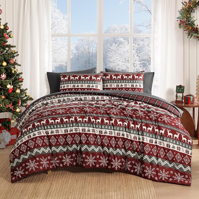 MaiRêve Christmas Queen Comforter Set, Red Reindeer Snowflake Bed Set for Holiday, Reversible Plaid Checkered Comforter Bed in a Bag, Soft Bedding Set 7 Pieces with Sheets, Pillowcases & Shams