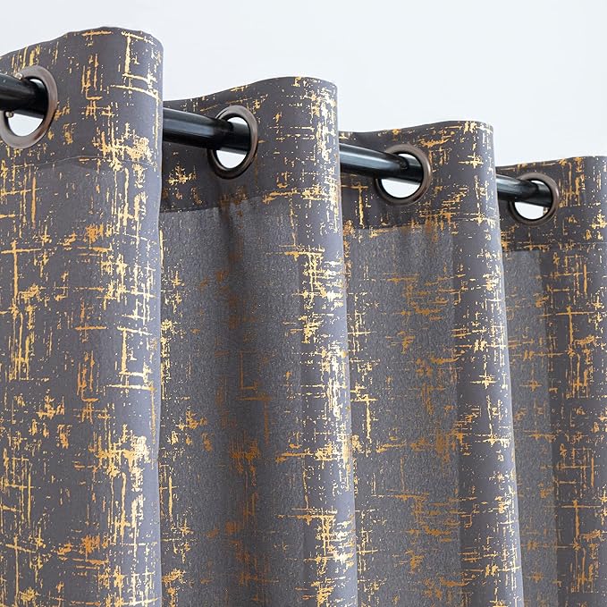 Taisier Home Gold Foil Print Linen Textured Curtains - Geometric Dots Pattern Design for Nursery, Toy Room - Thermal Insulated Window Treatment, 2 Panels, 54" L, Soft Grey and Gold