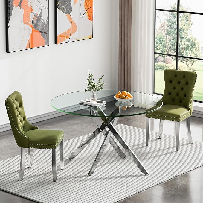 Round Glass Dining Table Set for 2, 47'' Clear Circular Kitchen Table and Chairs Set, 3PCS Modern Circle Dining Room Table Set with 2 Velvet Dining Chair for Home