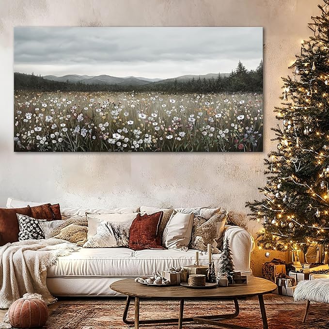 HGUAOA Vintage Framed Floral Landscape Wall Art for Living Room - Large Nature Artwork Above Bed Wall Decor - Farmhouse Mountain Pictures for Bedroom Wall Decor 20×40IN