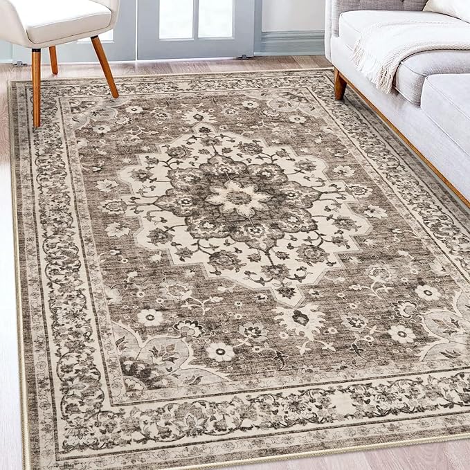 Washable Oriental Area Rug - 5x8 Rugs for Living Room Soft Carpet for Bedroom Waterproof Floral Distressed Indoor Stain Resistant Non-Shedding Floor Carpets (Beige, 5x8)