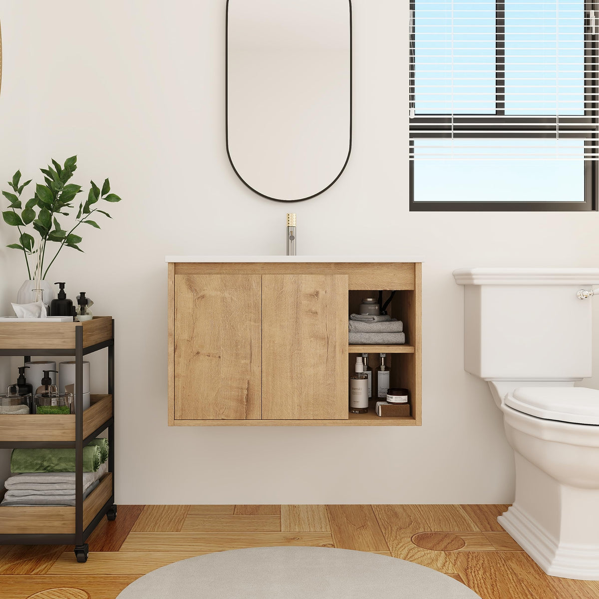 San Merah 30" Wall-Mounted Bathroom Vanity with Sink - Floating Single Door Cabinet & Right Shelf, Space-Saving Modern Design for Small Bathrooms, Ceramic Basin Combo
