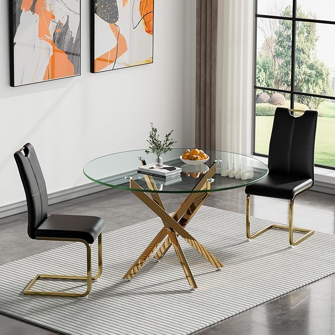 HomVent Round Glass Dining Table Set for 2, 3-Piece Modern Kitchen Table Set with 2 PU Upholstered Chair for Kitchen Dining Room, Glass Dining Room Table Set