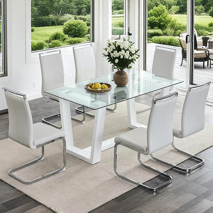Ebullient Glass Dining Table Set for 6, Modern Dining Table Set for 6, Tempered Glass Tabletop with White MDF Trapezoid Legs, Rectangle Kitchen Table with 6 Faux Leather Chairs for Home Apartment