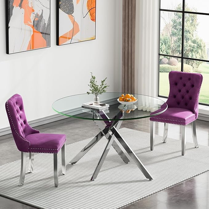 Round Glass Dining Table Set for 2, 47'' Clear Circular Kitchen Table and Chairs Set, 3PCS Modern Circle Dining Room Table Set with 2 Velvet Dining Chair for Home